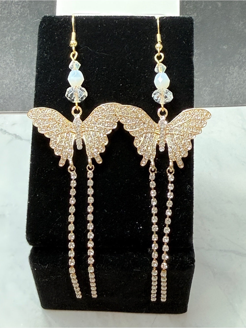 🚨3 for $15🚨 Gold Butterfly Crystal Dangle Earrings with Opalescent Beads